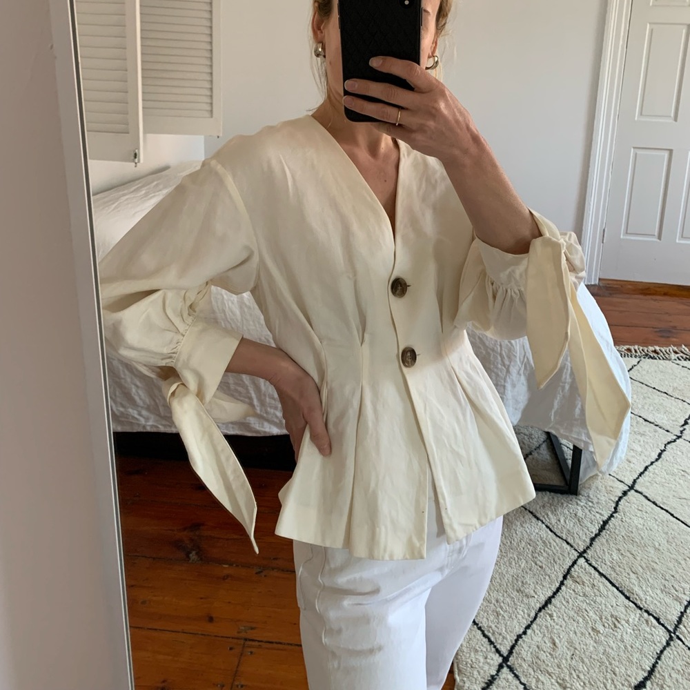 Zara Puff Sleeve Ecru Blouse with large tortoise buttons